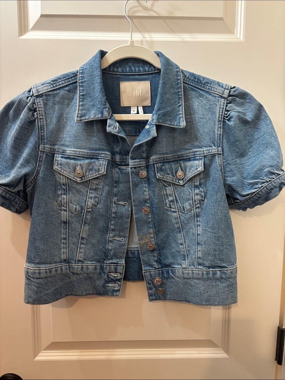 PAIGE Light Wash Puff Sleeve Cropped Denim Jacket